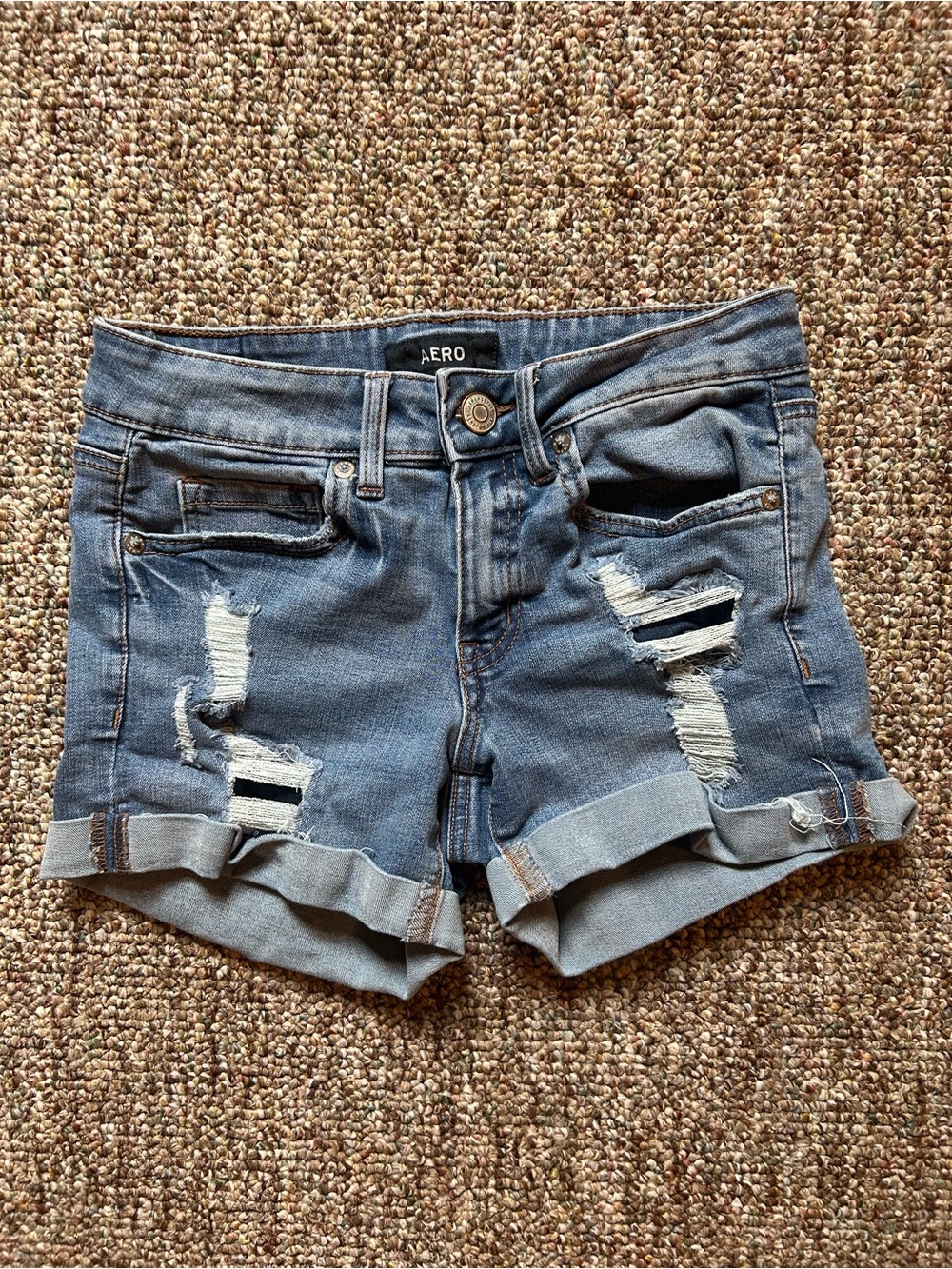 Aeropostale Women's Light Blue Distressed Rolled-Hem Low Rise Midi Denim Shorts